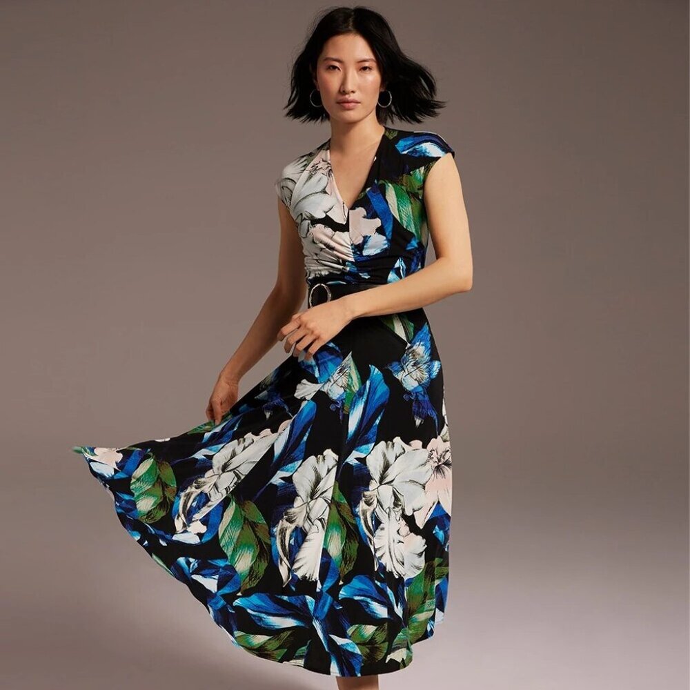 White House Black Market (WHBM) shirred midi dress (Floral Black) NWT